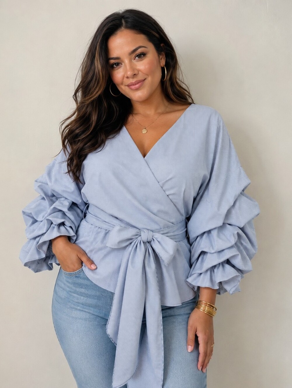 Gracia Navy/White Statement Ruffle Sleeve Wrap Top – Size L